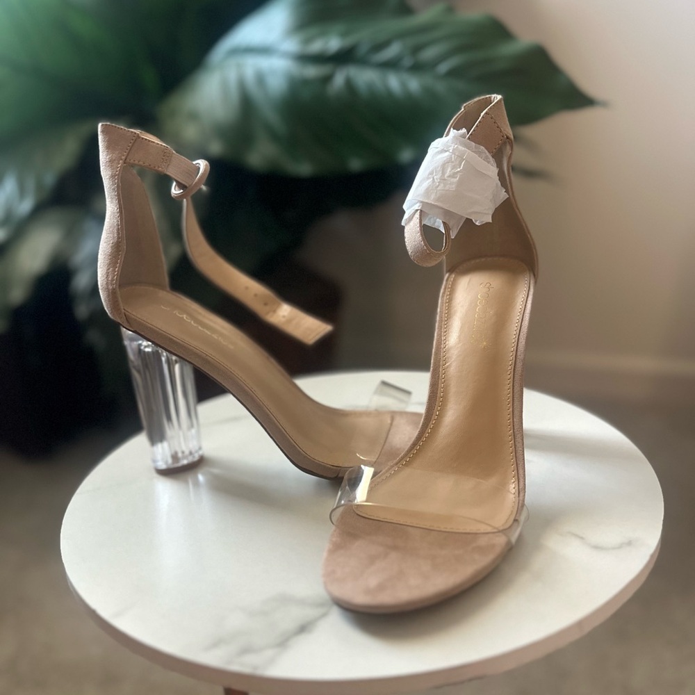 Shoe Dazzle Tan and Clear Heels